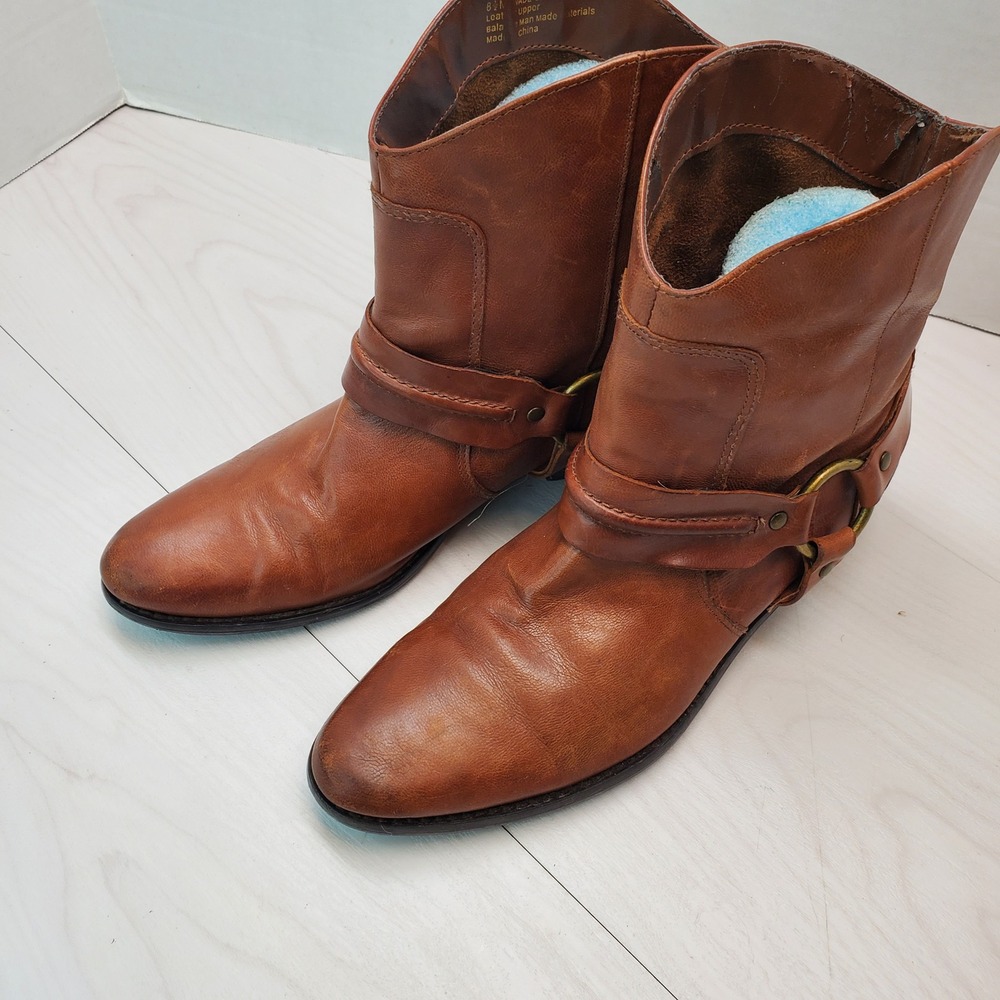 Franco Sarto Vade Cognac Brown Leather Harness Ankle Boots Womens 8.5 M Cowgirl